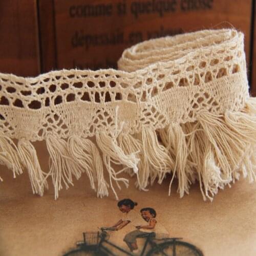 High quality Cotton Crocheted Fringe Lace Trim Beige with Tassel Crafts and Sewing 5Yards 4cm width-LSXG/QX