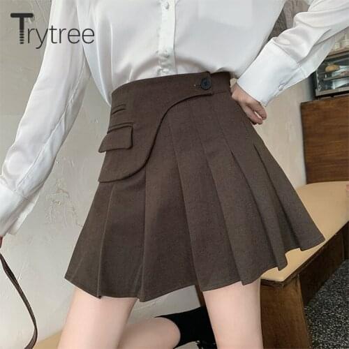 Trytree 2020 Autumn Winter Casual Woman Shorts Skirt High Waist Blends Tweed Asymmetric Pleated Sweet A-line Zip Shorts Skirt