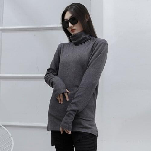 Ladies spring and autumn new front short back long side split high neck long sleeve T-shirt with gloves large size T-shirt
