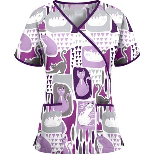 40# Women Cat Printing T-shirts Tops Short Sleeve V-neck Tops Nurse Working Uniform Female T-shirts Pockets Ladies Nurse Uniform