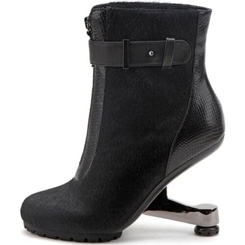 Women Genuine Leather Winter Boots Ankle Horsehair Strange Metal High Heel Front Zipper Botte Femme Brown Black HL131 MUYISEXI
