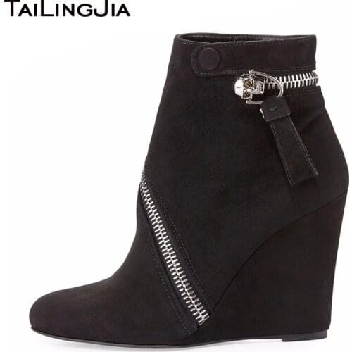 2018 Fashion Black Suede Button Buckle Strap Wedges Boots For Women Concise Zipper High Heel Shoes Customize Large Size EU 34-46