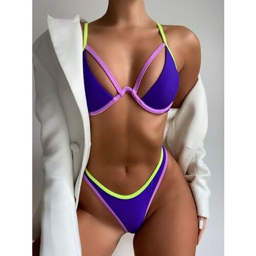 Ladies Summer Split Swimwear Set, Adults Women Simple Style Contrast Color Three Color Splicing Bikini Sexy Backless Swimsuit