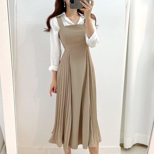 Office Lady Elegant Solid Wide Straps Dress High Waist Slim Pletaed Femme Robe Autumn New Korean Chic Sleeveless Vestidos 2021