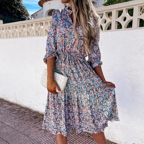 Women Dress Vintage Floral Print Long Sleeve Summer V Neck Large Hem Dress Ladies Sexy Loose Casual Vestidos Sundress Plus Size