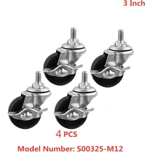 4 Pcs/Lot Casters 3-inch Black Pp Screw Caster With Brake M12cm Side Wheel Baking Tray Rack Universal