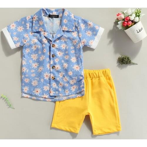 2 Pieces Kids Suit Set, Summer Daisy Turn-Down Collar Short Sleeve Shirt+ Solid Color Shorts for Boys, 1-6 Years