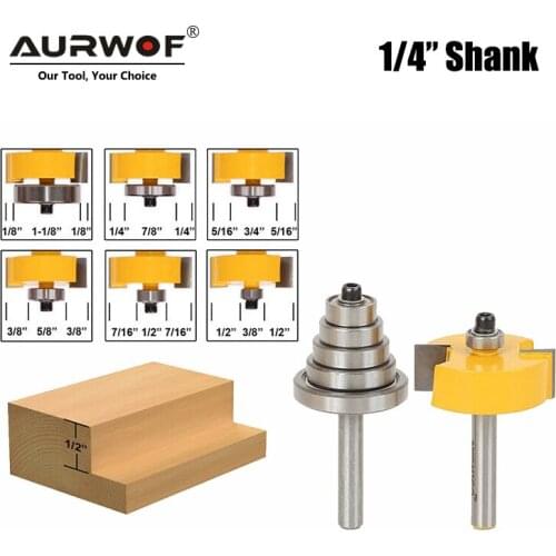2PCS 1/4 Shank Rabbet Router Bit with 6 Bearings Set Adjustable Tenon Cutter Cemented Carbide Woodworking Bits MC01010