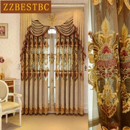 Chinese modern luxury brown embroidered floor Curtains for living room high quality Voile Curtain for bedroom kitchen
