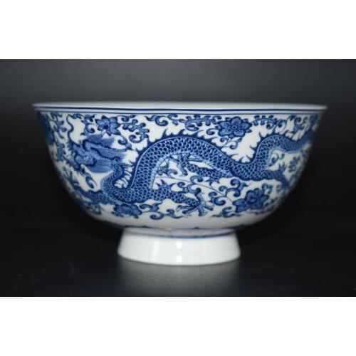 Fine Chinese Blue And White Porcelain Hand-painted Dragon Bowls Qianlong Mark