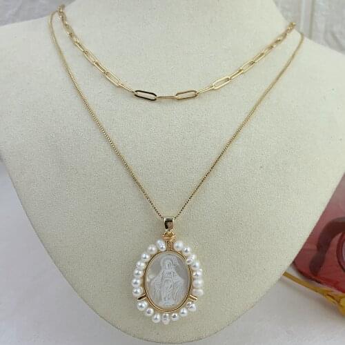 Multi Layered Religion Holy Virgin Mary Necklace Freshwater Pearl Natural Shell Oval Medal Charm Pendants For Women 2021
