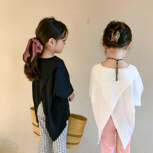 Summer girls fashion back Split cotton half sleeve T shirts Korean style Chic 2021 kids oversized unique design Tops