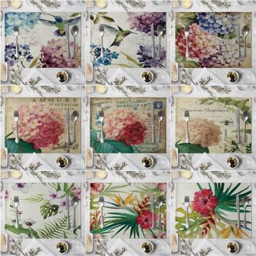Fashion Print Rectangle Cotton Linen Western Style Table Pad Cut Mats Placemat for Dinner Kitchen Table 40x30cm Flower