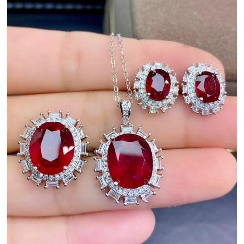 100% Real and Natural Ruby Set 925 Sterling Silver 1pc Ruby Ring,2pcs Ruby Earring,1pc Ruby Pendant For the Party