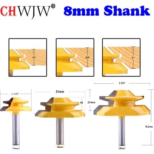CHWJW 3PC 8mm Shank 45 Degree Lock Miter Bit Glue Joint Set Woodworking cutter Tenon Cutter for Woodworking Tools
