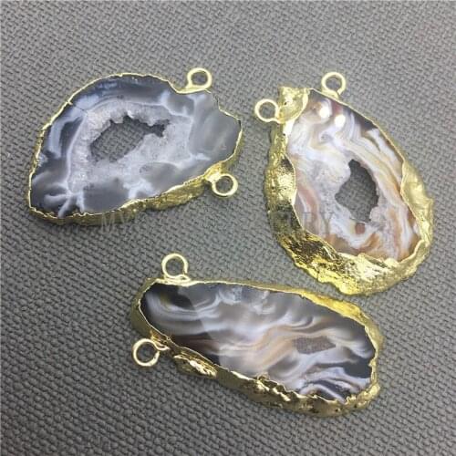 Natural Agates Geode Druzy Slice Gold Electroplated Pendant,Agates Drusy Slice Charm For DIY Jewelry Making MY0014