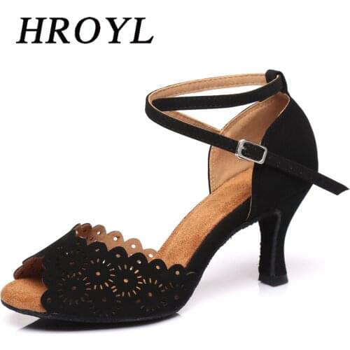 2021 New Latin Dancing Shoes For Women Cuts-Out Flowers Salsa High Heels Girls' Ballroom Dance Shoes Black Heeled Shoes HROYL