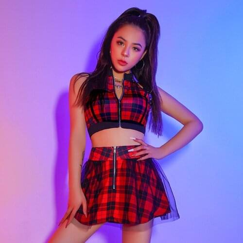 New Dj Costumes Red Lattice Tops Skirts Jazz Dance Women Costume Pole Dance Wear Bar Pub Nightclub Rave Festival Clothing BL5425