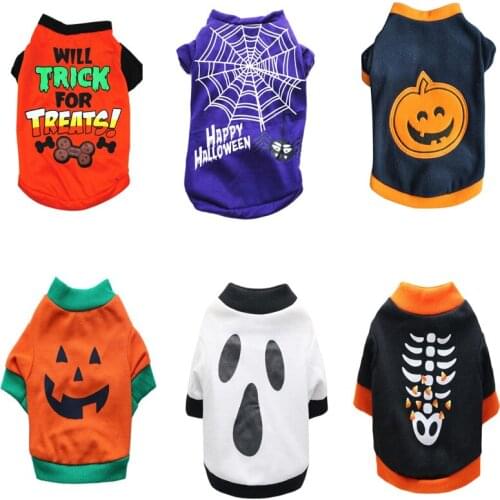 Cat Clothes Puppy Shirt For Dogs Halloween Pumpkin Ghost Pattern Cat Vest Small Dog Clothing Sleeveless Pet T-shirt Dog Jacket