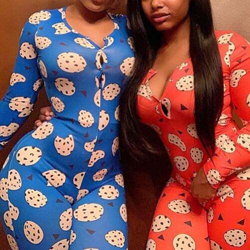 OMSJ Autumn Winter Womens Sexy Onesies Pajamas Jumpsuit For Adults Biscuit Printed Long Sleeve Bodycon Party Rompers Sleepwear