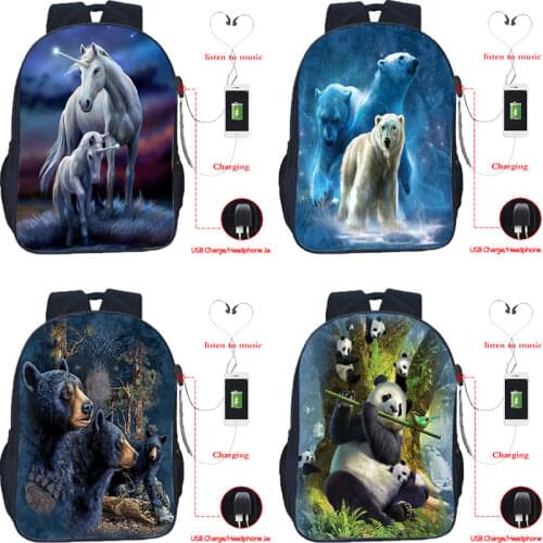 Mochila 3D Print Unicorn Backpack Animals Cat/Dog/Panda/Bear Bookbag Mens Backpack Teens Usb Charging Travel Bags Back To School