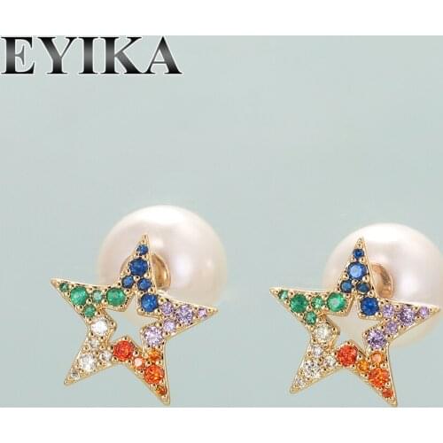 EYIKA Delicate Multicolor Zircon Star Stud Earrings with Pearl Ear Plugs for Women Temperament Engagement Party Jewelry Gifts