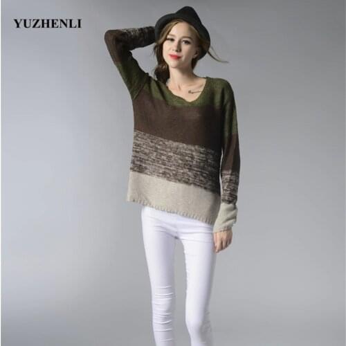 Autumn Women Sweater Female Pullover Womens Sweaters Jumper Long Sleeve Knitting Patchwork Gradient Color Casual Fashion Top