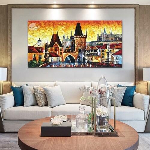 Vintage Oil Painting Handmade Hand Painted Wall Art Architecture for Living Room Home Decoration Rolled Canvas No Frame