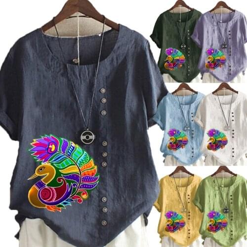 Summer Womens Floral Printed Short-sleeved Round Neck T-shirt Ladies Casual Linen Shirt Plus Size Shirt Top S-5XL