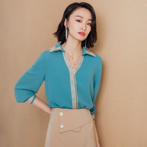 Women Elegant Blue Shirts Spliced V Neck Clothes Korea Spring Autumn Vintage Streetwear 2021 Casual Offcie Work Shirts Homewear