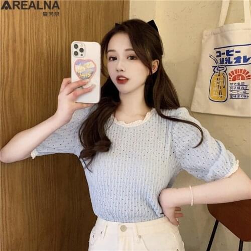 Women T-shirts o-neck Knitting Crop Tops Women Short Sleeve Stretchy puff sleeve tee shirt femme lace Hollow out Tops For Women