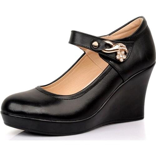 Promotion 2020 New Fashion Rhinestone Top Cowhide Comfortable Leather Shoes Women High Heel Shoes Wedges Black Shoes Woman Shoes