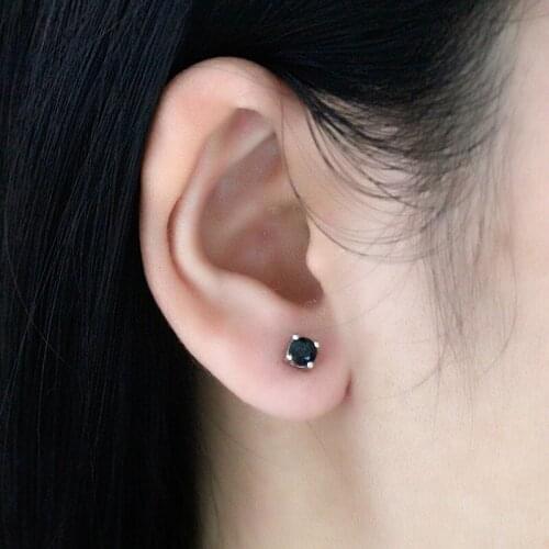 Women Earring 925 Silver Black Zircon Plated Round Shaped Push Back Stud Earrings for Women Wedding Valentines Day Jewelry Gift