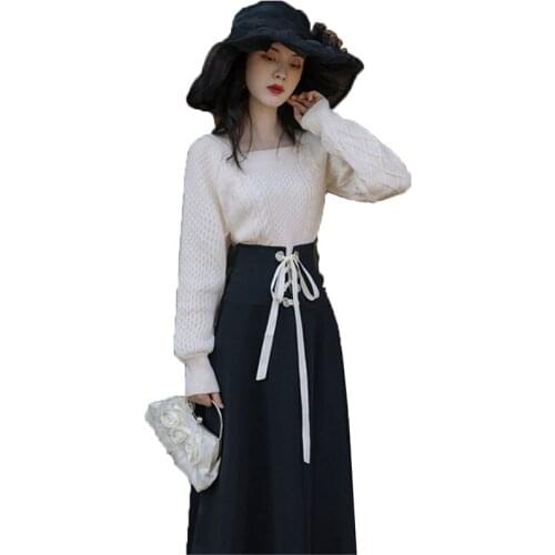 Fashion Ladies suit New Autumn Winter White Knitted Sweater Pullover & Waist Tie Black Skirt 2 Pcs Sets Clothing Single Sale W16