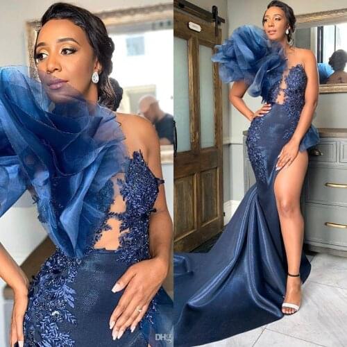 Plus Size Evening Dresses Sheer O Neck Lace Appliqued Beaded Sexy Mermaid Prom Dress Custom Made Robes De Mariée