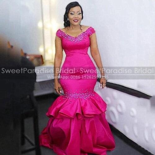 Hot Pink Long Tiered Mermaid Evening Dresses 2021 Shiny Beads V Neck Women Formal Prom Dress Robe De Doiree De Mariage