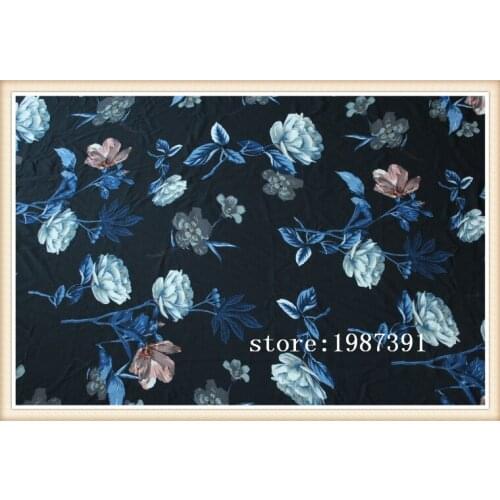 145cm width paris pearl fabric dark blue background big flowers pattern for summer women clothes and DIY Hair Accessory CH-6884