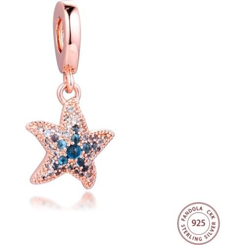 2021 Summer New 925 Sterling Silver Rose Gold Sparkling Starfish Dangle Charms Beads for Jewelry Making Fits Pandora Bracelet
