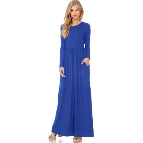2021 Women Autumn Casual Slim fit Long Dress Round Collar Pleated Long Sleeve Shirring Waist Dresses Simple Solid Maxi Dress
