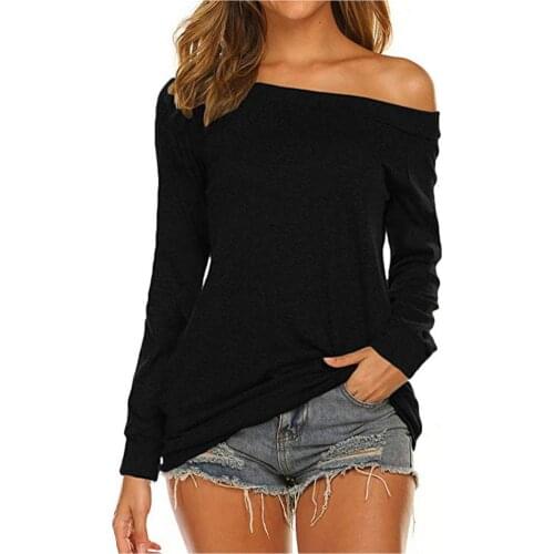 40#T-Shirts Women Sexy Shirt Solid Long Sleeve Boat Neck Off Shoulder Top Shirt Women Tunic Tops Female Clothing vestidos mujer