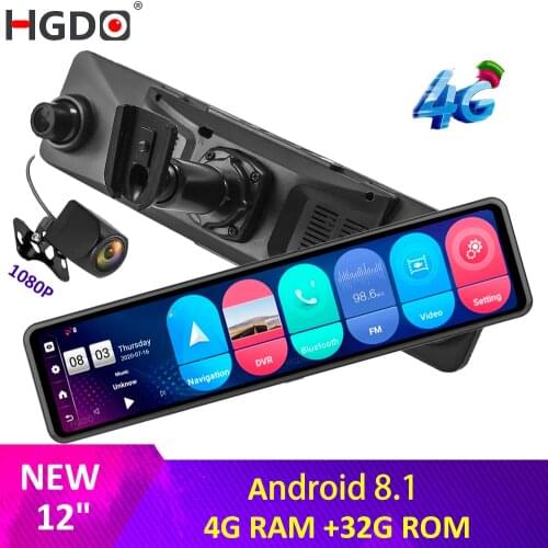 HGDO12" 4G Car DVR Android 8.1 4G+32G GPS Auto Registrar WiFi FHD 1080P Rearview Room Mirror Dash Camera ADAS Video Recorder