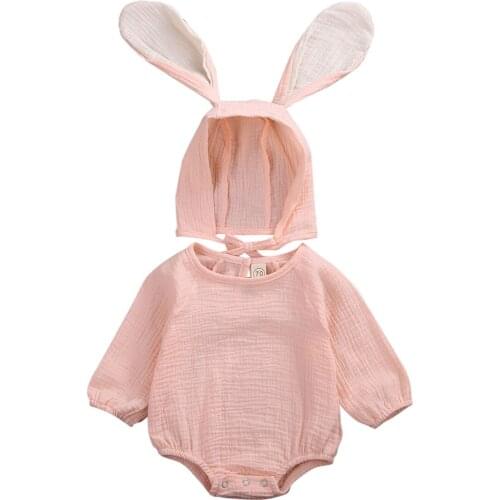 Girl Bodysuit Newborn Baby Girls Long Sleeve Solid Bodysuit Jumpsuit+Rabbit 3D Ear Hat Outfits Clothes