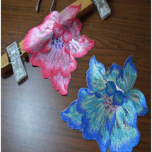 Size19*16cm(2pcs/lot)red~blue big shiny silk sewing Floral Flower Motif Venise Lace Applique for Garment Embroidery Lace patch