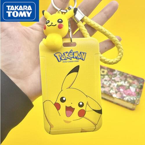TAKARA TOMY Pikachu Cartoon Card Holder Keychain Long Lanyard Rice Card Access Control Card Protective Cover Credential Cover
