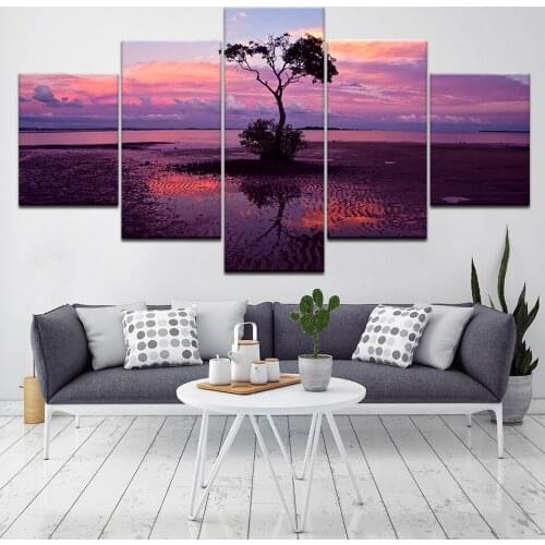 A tree with purple sunset landscape 5 Piece HD Wallpapers Art Canvas Print modern Poster Modular art painting Home Decor
