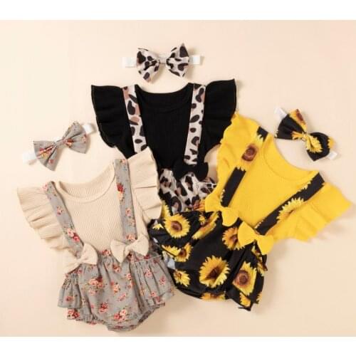 Baby Kids Suit Set Solid Color O-Neck Short Sleeve T shirt Tops Sunflower Print Suspender Shorts Hairband for Girls 0-24 Months