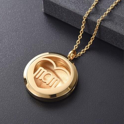 IJP0124 Stainless Steel Round MOM Aromatherapy Pendant Essential Oils Diffuser Perfume Free12 Pads Keepsake Necklace for Gift
