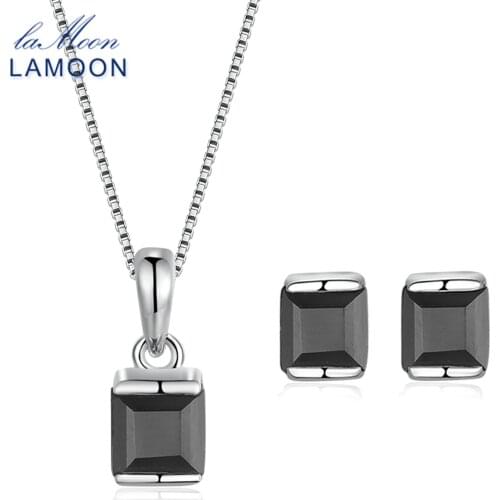 LAMOON 4mm 0.6x2 ct Natural Black Chalcedony 925 Sterling Silver Simple Jewelry Set S925 For Women V008-B-5