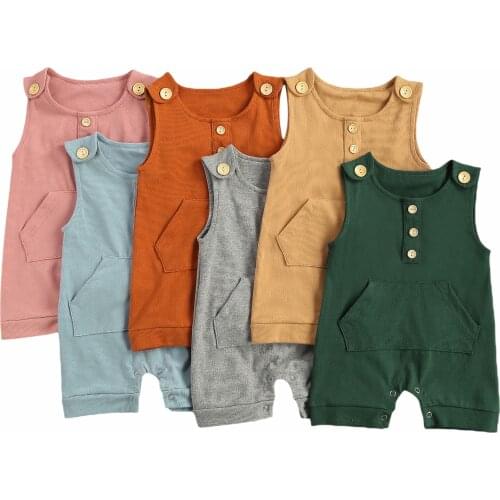Infant Baby Girls Solid Color 100% Cotton Romper, Sleeveless O-neck Short Jumpsuit with Large Pocket for Summer