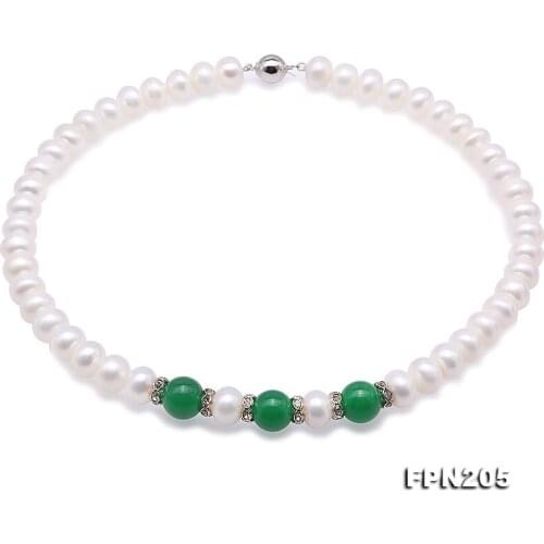 New Arriver Natural Pearl Jewellery Perfect 11-11.5mm White Color Flat Round Freshwater Pearl Green Jades Rhinestone Necklace